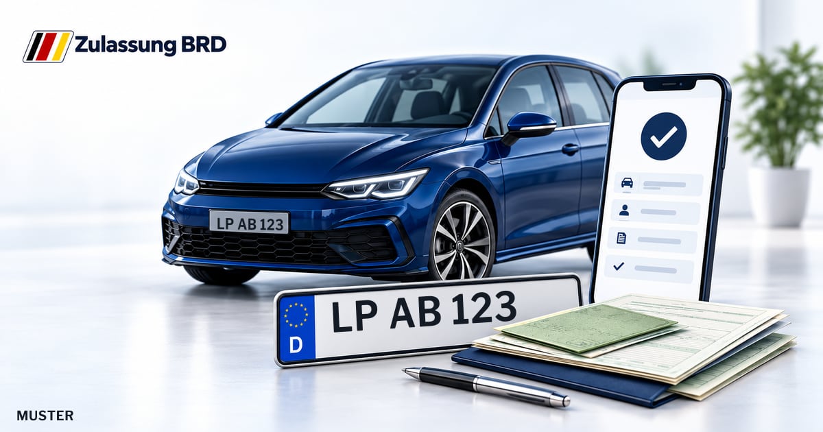 Online Fahrzeugzulassung in Erwitte: Musterkennzeichen LP AB 123, Auto und Fahrzeugpapiere und Smartphone. Illustration mit Logo von Zulassung BRD.